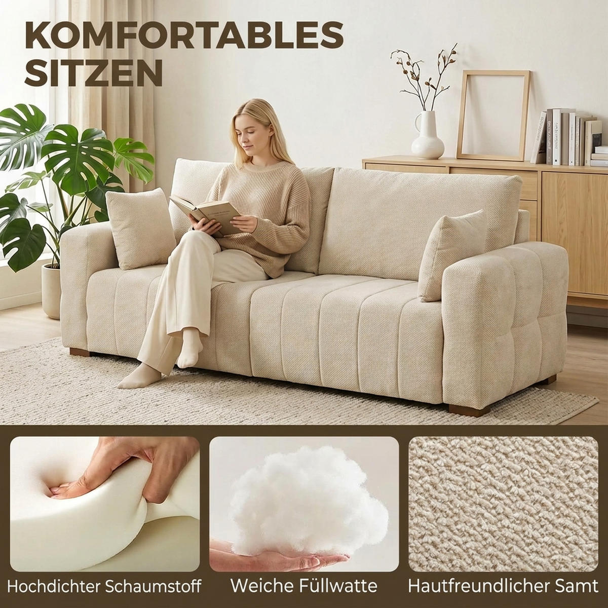 3-SITZER-SOFA Polyester Cremeweiß - Creme, Holz/Textil (86/84/220cm) - HOMCOM