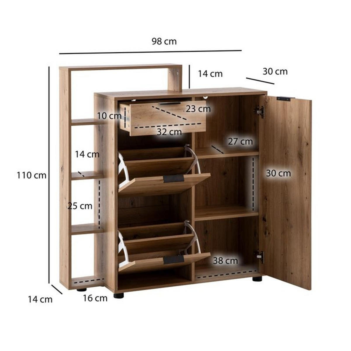 SCHUHSCHRANK – Eiche-Dekor, 98x110x30 cm, geschlossen, mit Schublade - Schwarz/Braun, Kunststoff (98/110/30cm) - KADIMA DESIGN