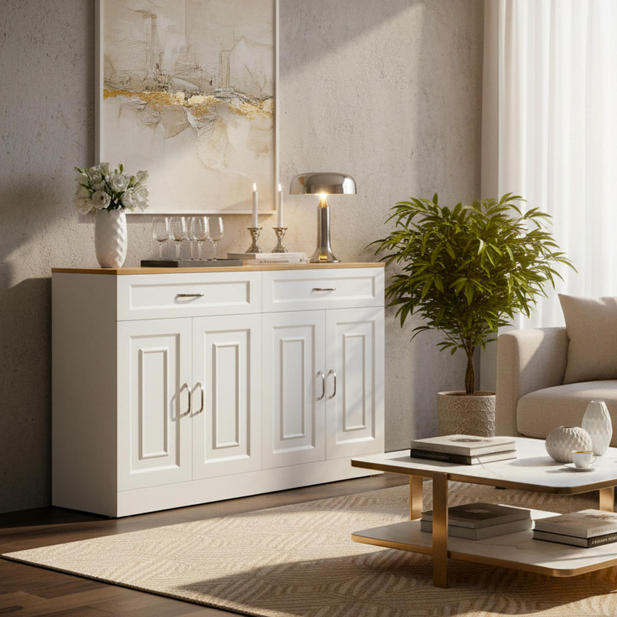 SIDEBOARD mit Regalen und Rebounder 4 Türen, 2 Schubladen, verstellbare Einlegeböden Natürliche Holzmaserung und Weiß - Weiß, Holzwerkstoff (120/80.5/35cm) - Urban Meuble