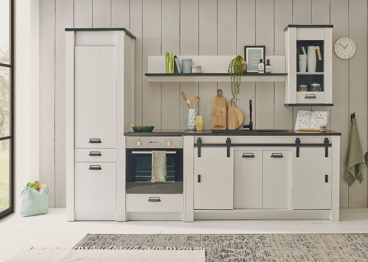 KÜCHEN-SET weiß Pinie, anthrazit 4-teilig 196 cm, Küchenschrank Set im Landhaus-Stil - Anthrazit/Schwarz, Holzwerkstoff/Metall (196/180/64cm) - Furn.Design