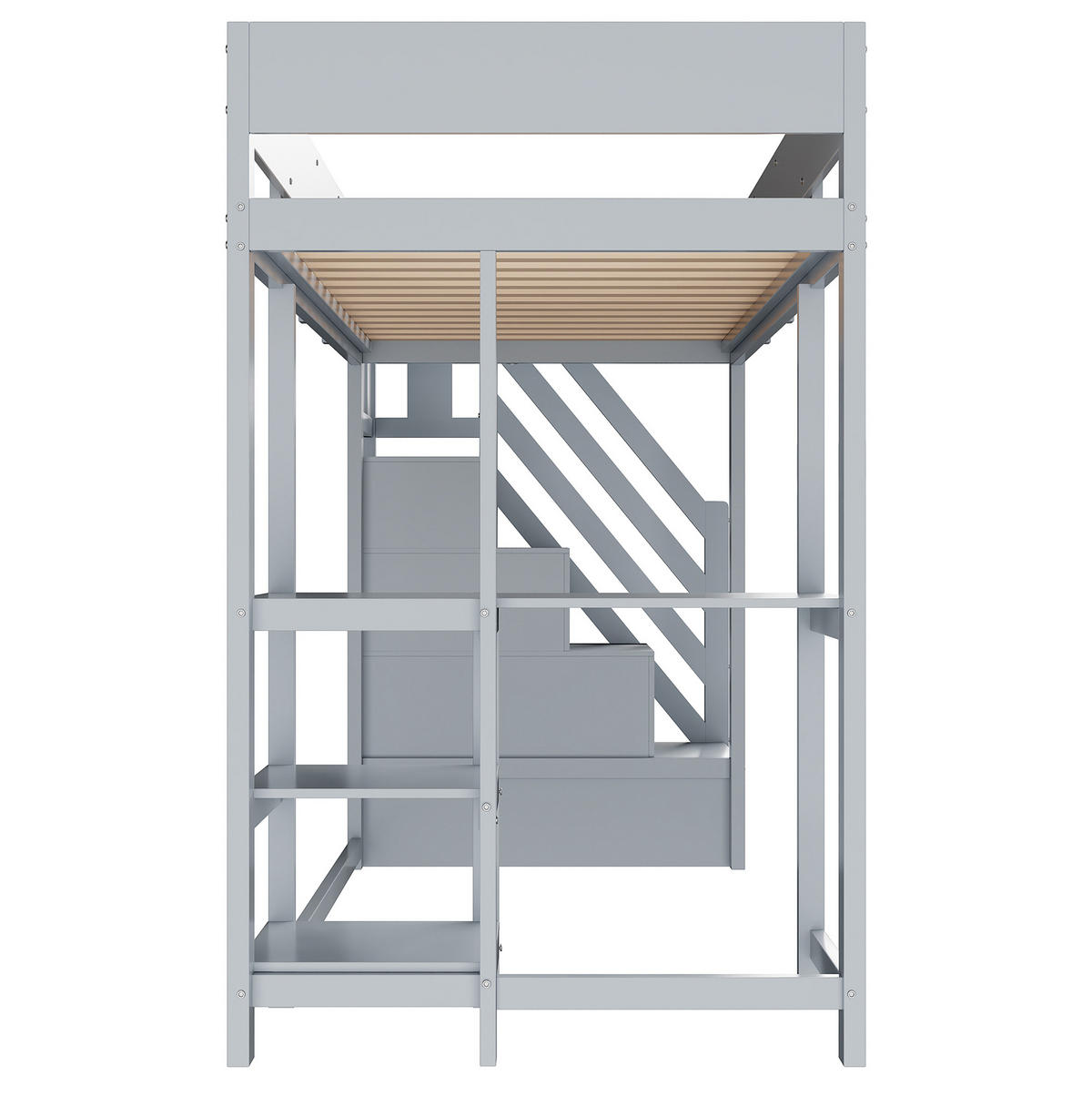 HOCHBETT 90/200 cm grau mit Stauraum und Ablage aus massivem Kiefernholz mit Matratze - Grau, Holzwerkstoff (90/200cm) - OKWISH