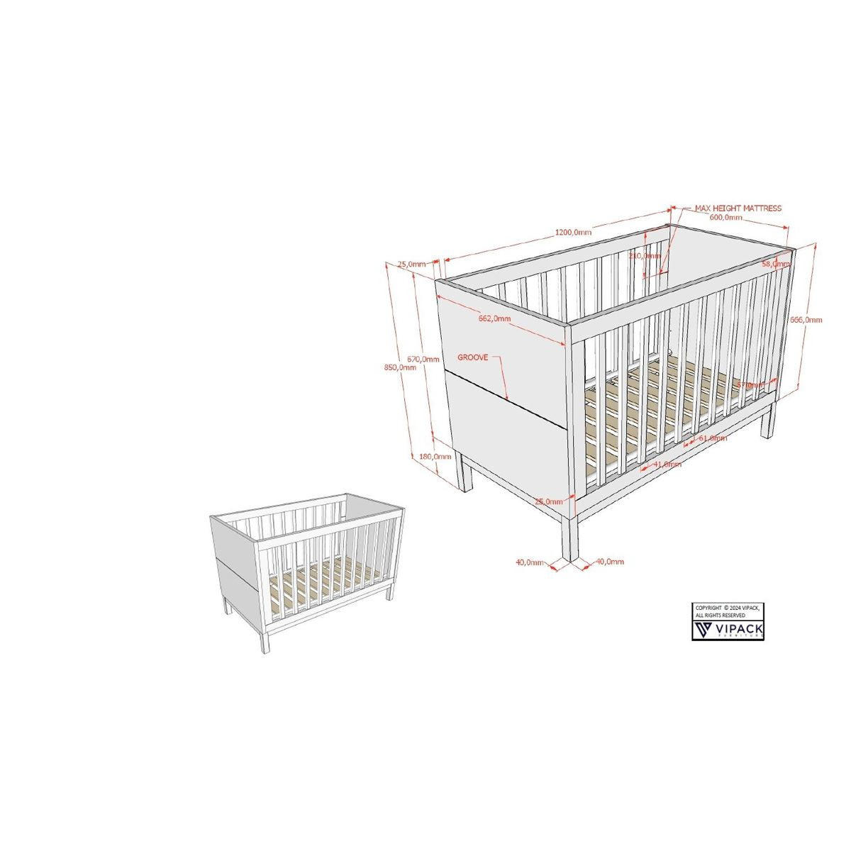 BABYBETT 60x120 Kiefer MDF weiß robust stabil höhenverstellbar - Weiß, Holz (60/120cm) - 58aufmkessel