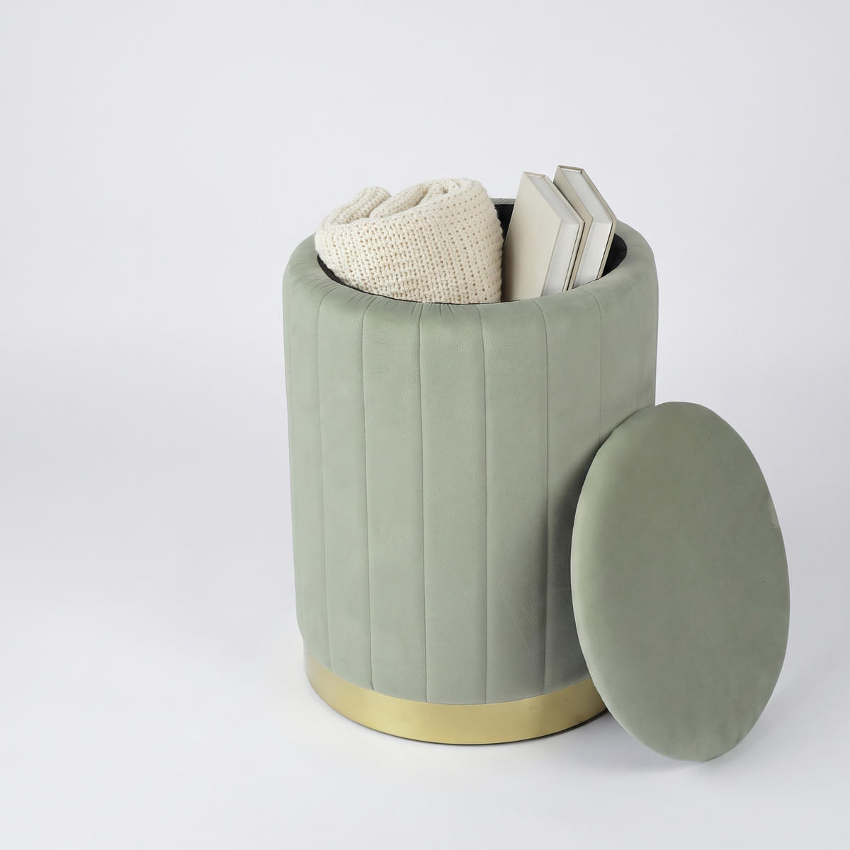 HOCKER Salbei Samt mit Stauraum goldfarbener Metallsockel - Grün, Holzwerkstoff/Textil (32/42/32cm) - Relaxdays