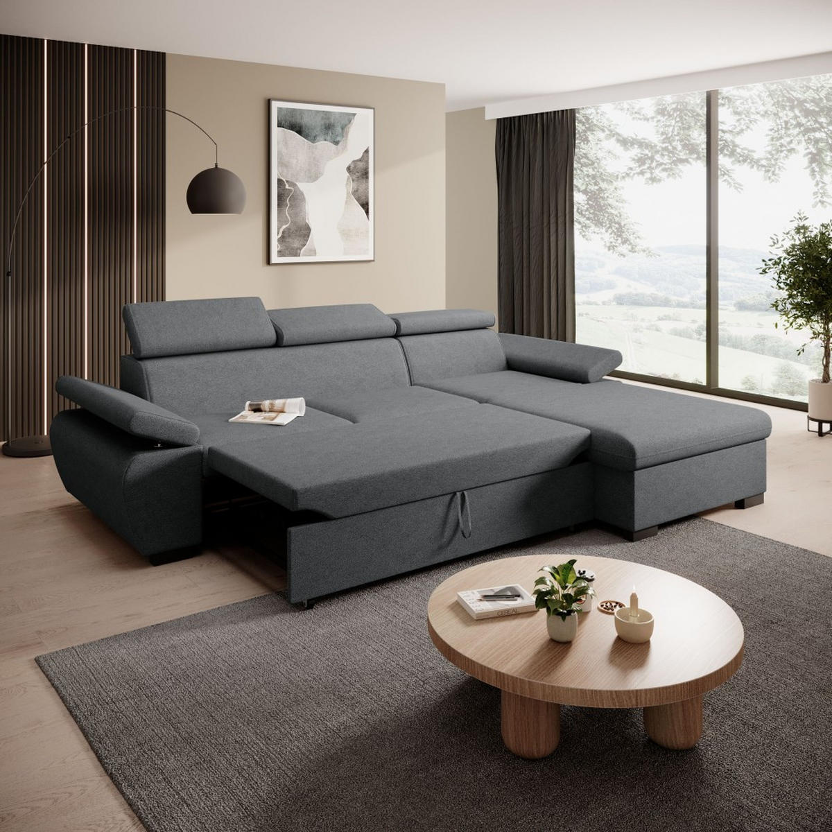 ECKSCHLAFSOFA Coco mit verstellbare Kopfstützen, dunkelgrau, rechts - Dunkelgrau, Textil (273/191cm) - Beautysofa