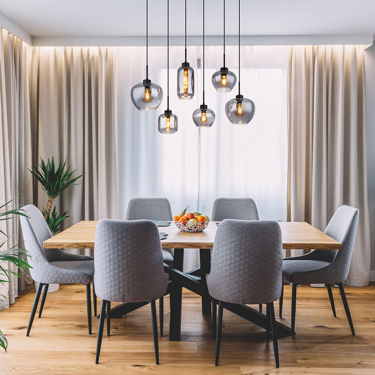 PENDELLEUCHTE Metall Glas Rauchfarbe Schwarz-matt 6-flammig - Grau, Glas (87/43/120cm) - Globo Lighting