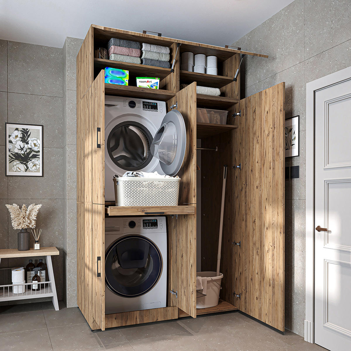 WASCHMASCHINENSCHRANK DORA-I 130cm Breit, 230cm Hoch - Eichefarben, Holzwerkstoff (130/230/73.8cm)