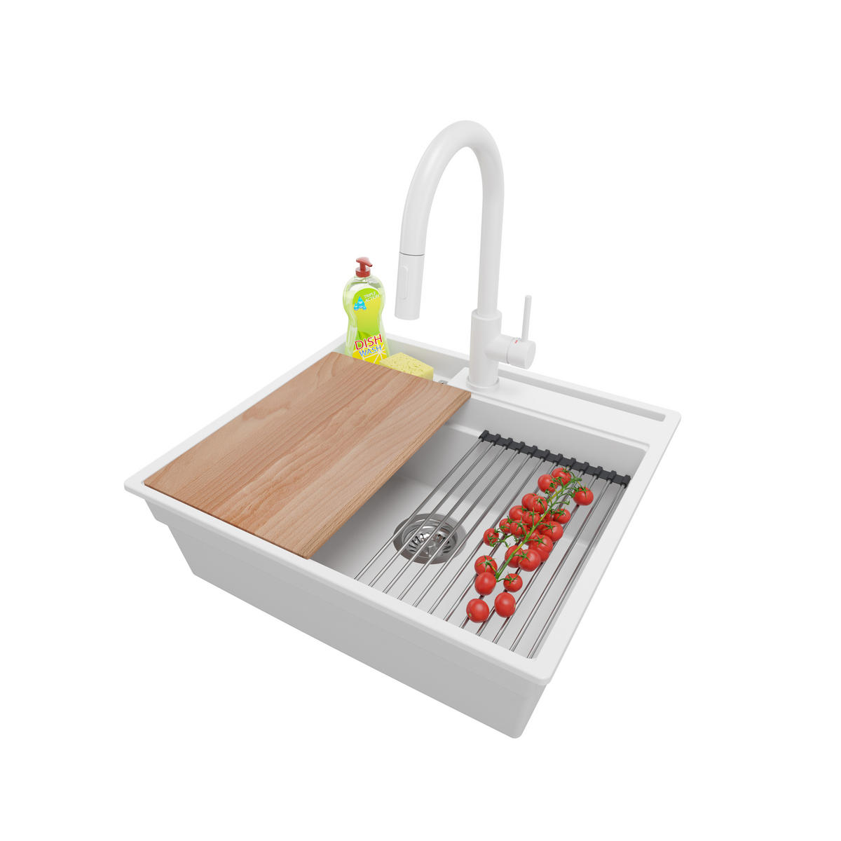 GRANITSPÜLE Oslo Pocket, 2-er set Weiß 58/53 cm 1 Becken + Küchenarmatur 40/20 cm + Ablauf-Set + Küchenzubehörset ab 60er Unterschrank - Chromfarben/Beige, Kunststoff (58/20/53cm) - Primagran