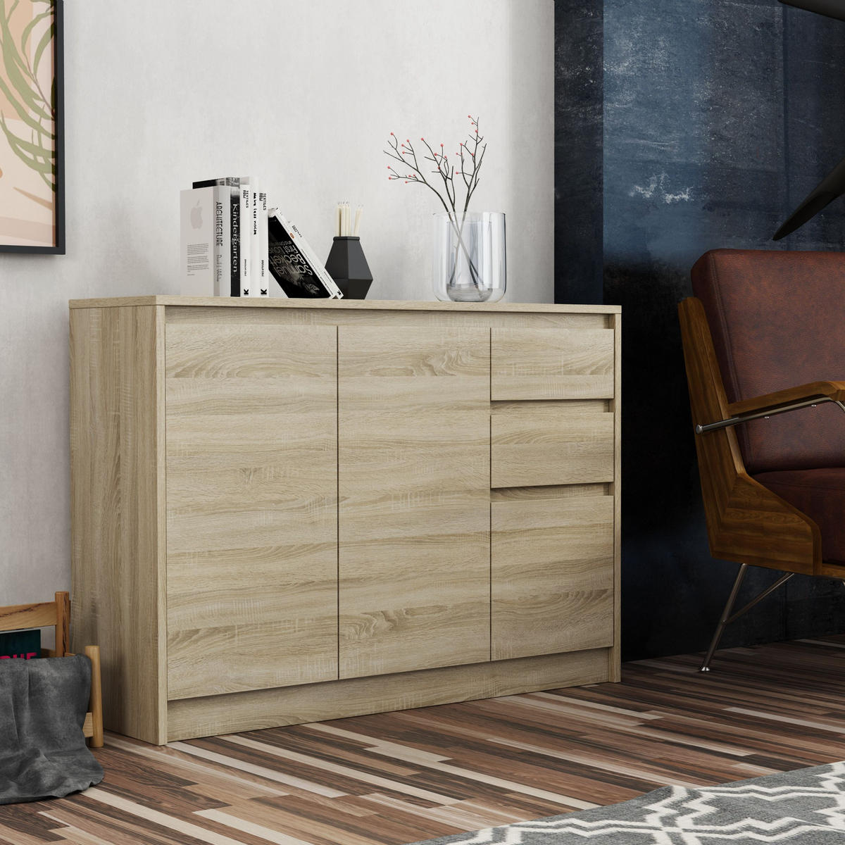 KOMMODE ASTORRE 113/82/35 cm mit 2 Schubladen 3 Türen Sonoma Eiche - Sonoma Eiche, Holzwerkstoff (113/82/35cm) - MASSENO