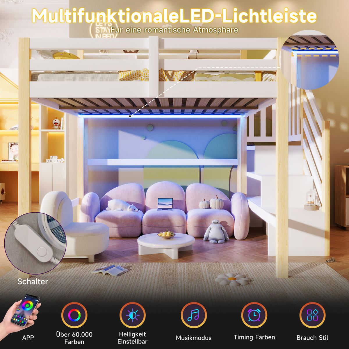 HOCHBETT 140/200 cm in Weiß & Natur mit LED, Stauraum und Ablageleiter - Weiß/Naturfarben, Holz/Holzwerkstoff (140/200cm) - CHICFURN