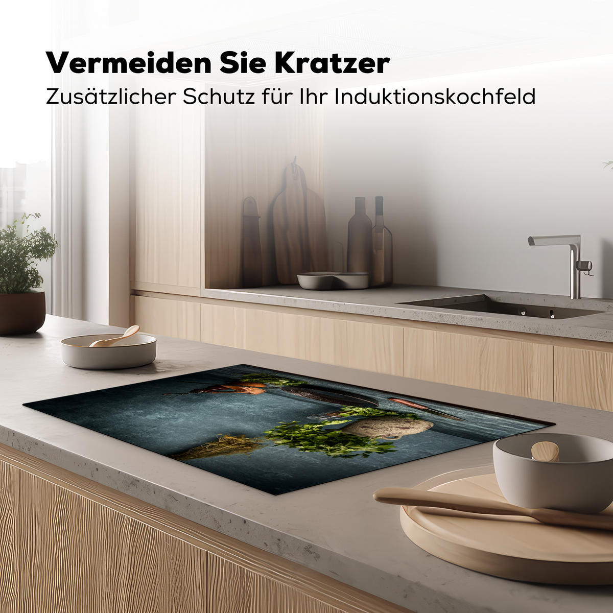 HERDABDECKPLATTE Kräuter - Gewürze - Pfanne - Messer - Grau - Rustikal 81x52 cm - Petrol, Kunststoff (81.2/0.2/52cm) - MuchoWow