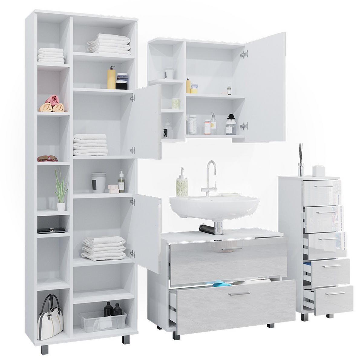 BADMÖBEL-SET Ilias Weiß Hochglanz 4 Teile, mit Hochschrank - Weiß Hochglanz, Holzwerkstoff (80.2/60.8/33cm) - Vicco