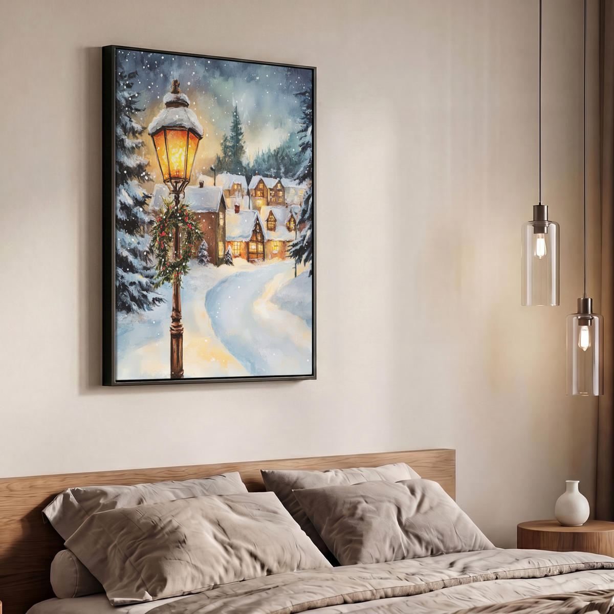 LEINWAND Bilder mit Rahmen - Weihnachtsdorf - Häuser - Schnee - Weihnachten - 70x100 - Sandfarben, Textil (70/100cm) - MuchoWow