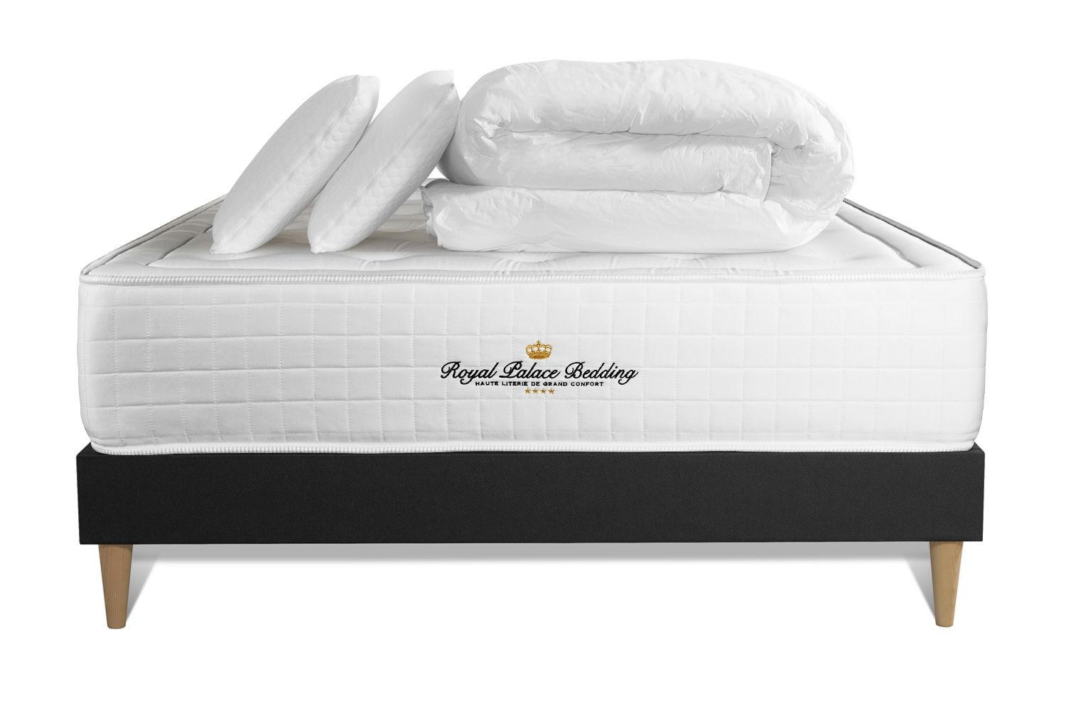 BETT Buckingham Memory-Schaum 140 x 200 cm h1 - Kit Bettgestell Schwarz - Mit Kissen und Bettdecke - Beige/Schwarz, Holz/Textil (140/200cm) - ROYAL PALACE BEDDING