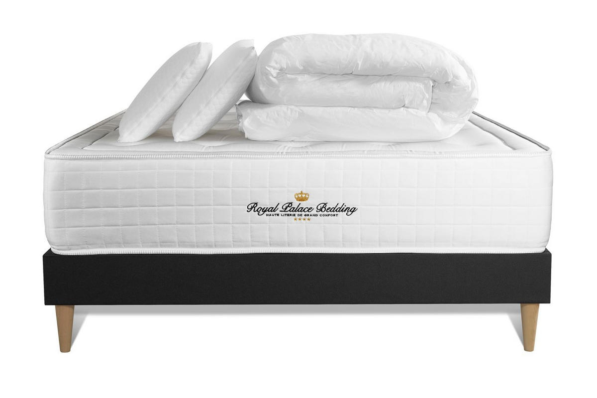 BETT Buckingham Memory-Schaum 140 x 200 cm h1 - Kit Bettgestell Schwarz - Mit Kissen und Bettdecke - Beige/Schwarz, Holz/Textil (140/200cm) - ROYAL PALACE BEDDING