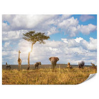 FOTOTAPETE für Kinderzimmer Safari Tiere Elefant Giraffe Löwe 300x210 - Beige/Braun, Papier (300/210cm) - Muralo