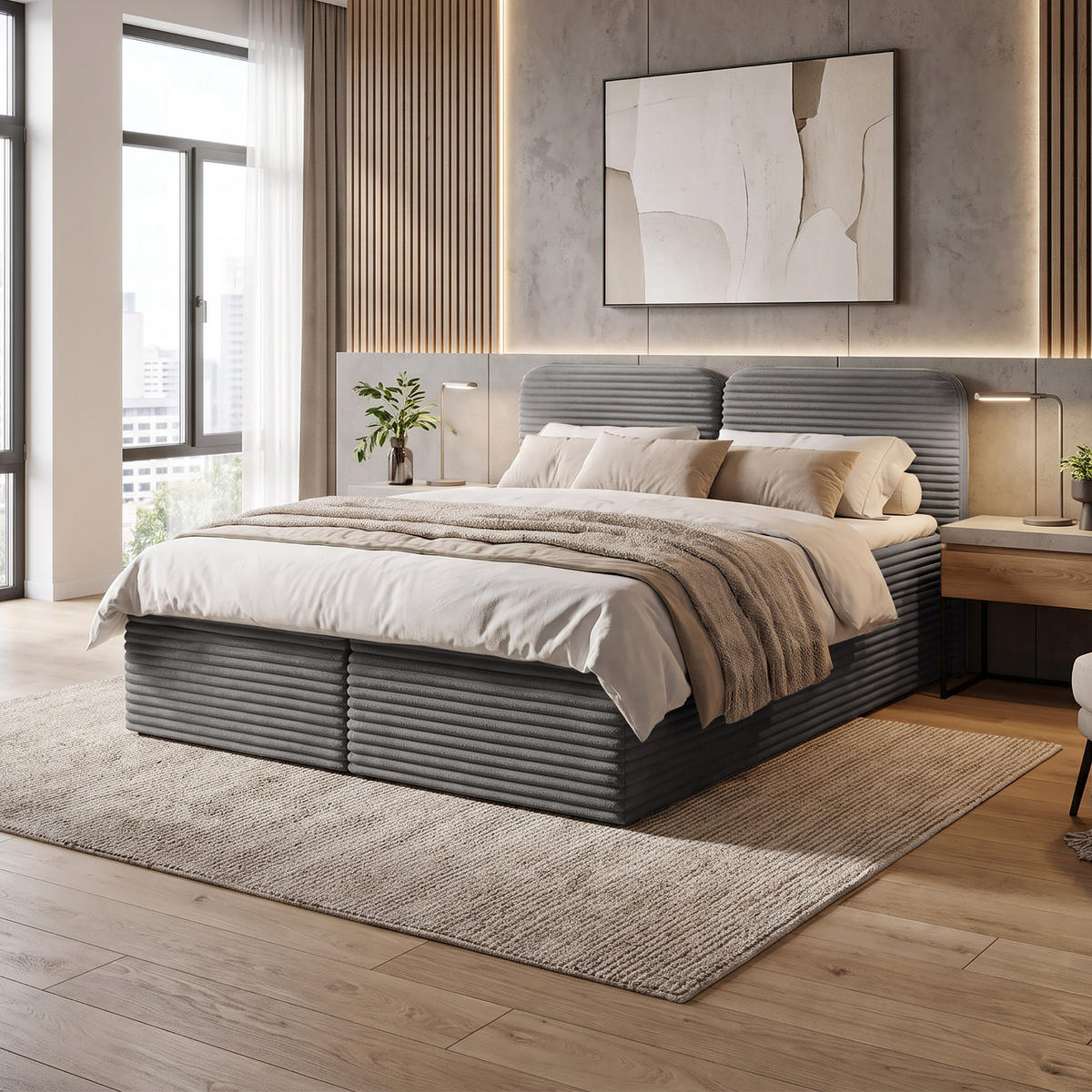 KONTINENTÁLNÍ POSTEL Lars 140x200 cm s topperem, bonellová matrace, manšestrová látka, tmavě šedá - tmavě šedá, textil (140/200cm) - Beautysofa
