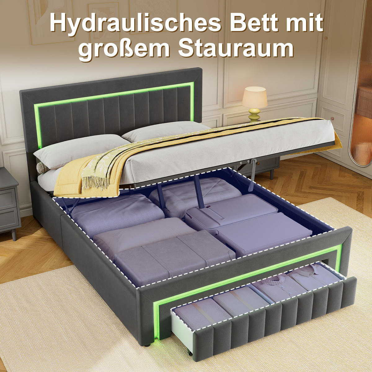 POLSTERBETT 160x200 Doppelbett mit Matratze,mit LED Beleuchtung,mit Stauraum,Grau - Grau, Holzwerkstoff/Textil (160/200cm) - EVRYAE