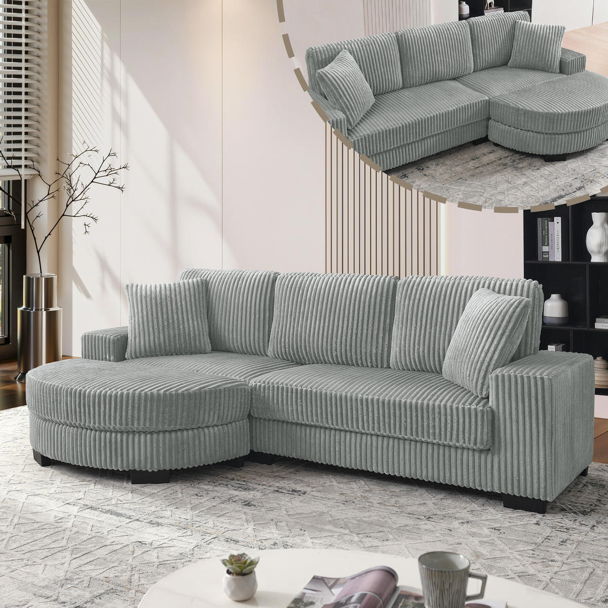 ECKSOFA 256.5/133.5/89 cm Grau Cord mit 2 Kissen und ovaler Fußhocker - Grau, Textil (133.5/89/256.5cm) - Oxeza