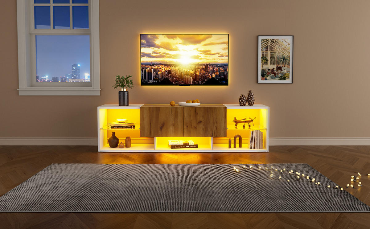 TV-SCHRANK in Weiß/Eicheoptik mit LED und 2 Schubladen 160/40/42 cm - Weiß, Holzwerkstoff (160/42/40cm) - Redom