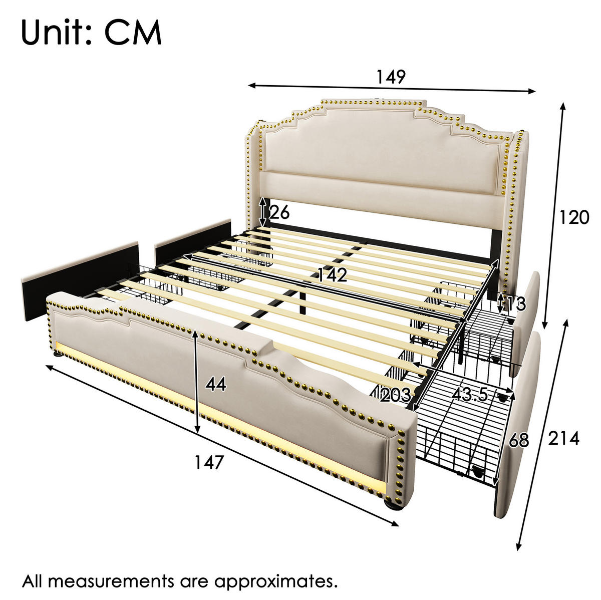 POLSTERBETT 140/200 cm mit 4 Schubladen, LED-Beleuchtung, USB- und Type-C-Anschluss, Samt,und Matratze, Beige - Beige, Textil (140/200cm) - Redom