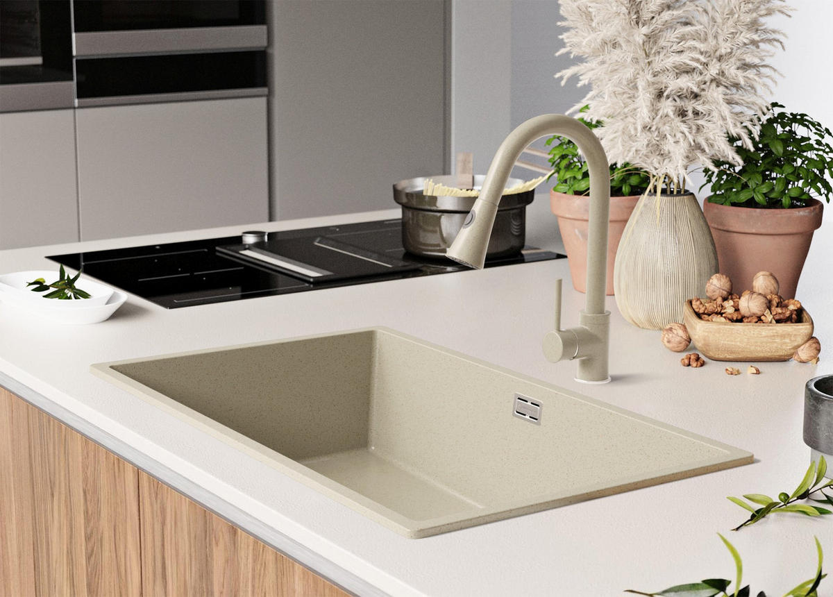 SPÜLBECKEN London Slim, 2-er set Beige 76/47 cm 1 Becken + Ablauf-Set ab 80er Unterschrank - Beige, Kunststoff (76/20/47cm) - Primagran