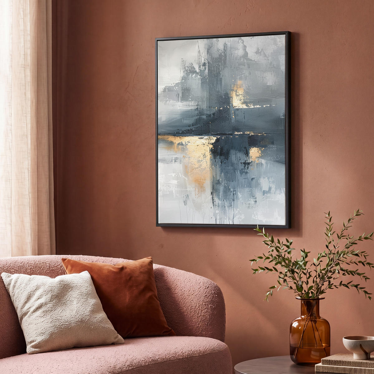 LEINWAND Bilder mit Rahmen - Kunst - Grau - Gold - Abstrakt - 70x100 - Dunkelgrau, Textil (70/100cm) - MuchoWow