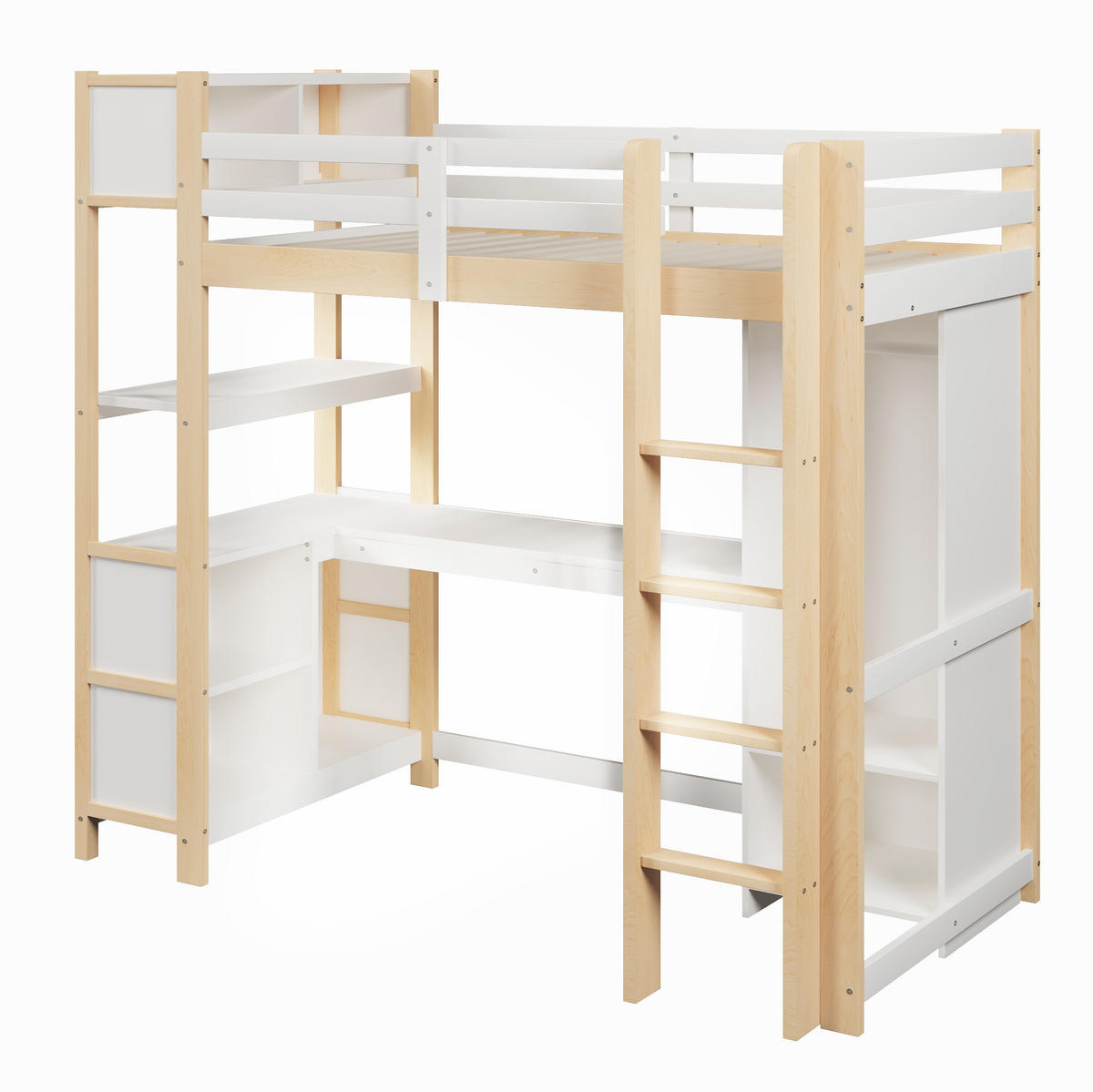 HOCHBETT 90/200 cm aus Kiefern mit Schreibtisch, Regalen und Kleiderschrank, Weiß/Natur - Naturfarben, Holzwerkstoff (90/200cm) - Redom
