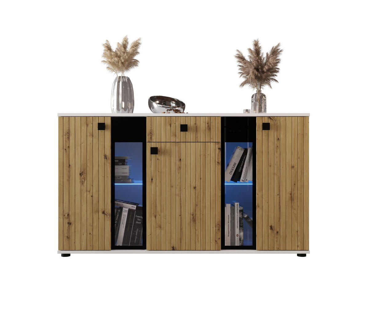 KOMMODE London LSMK LAMELE mit 3 Türen, Sideboard in Farbe: Braun|Weiß, Größe: 140 x 80 x 40 cm - Braun/Weiß, Holzwerkstoff (140/80/40cm) - O-Sofa