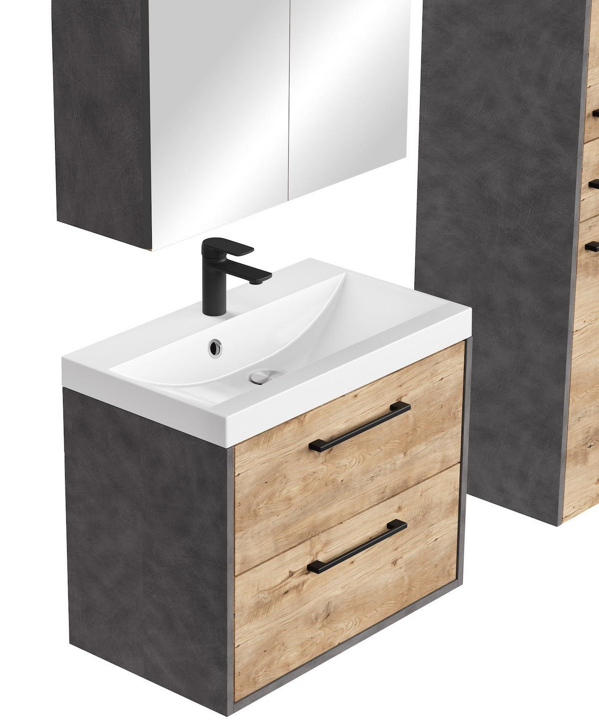 BADMÖBEL-SET Florence 4 Teile Kastanien Eiche / Grau - 60 x 35 x 51 cm - Eichefarben/Grau, Holz (60/51/35cm) - Badplaats