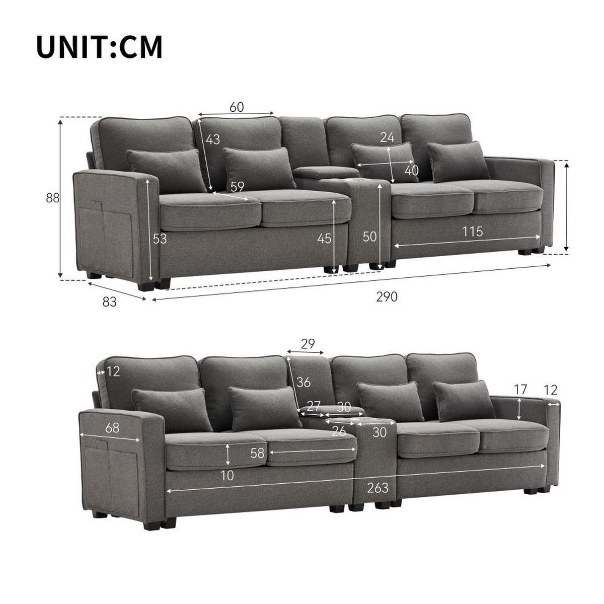 VIERSITZER-SOFA in Dunkelgrau Leinen mit Konsole - Dunkelgrau, Textil (83/88/290cm) - KOMHTOM