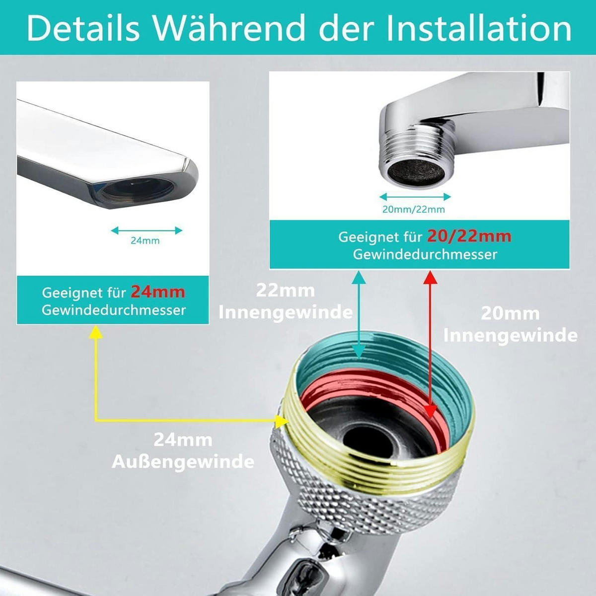 WASSERHAHN Verlängerung 1080 Grad drehbar mit 2 Wasserauslassmodi - Silberfarben, Metall (4/6/10cm)