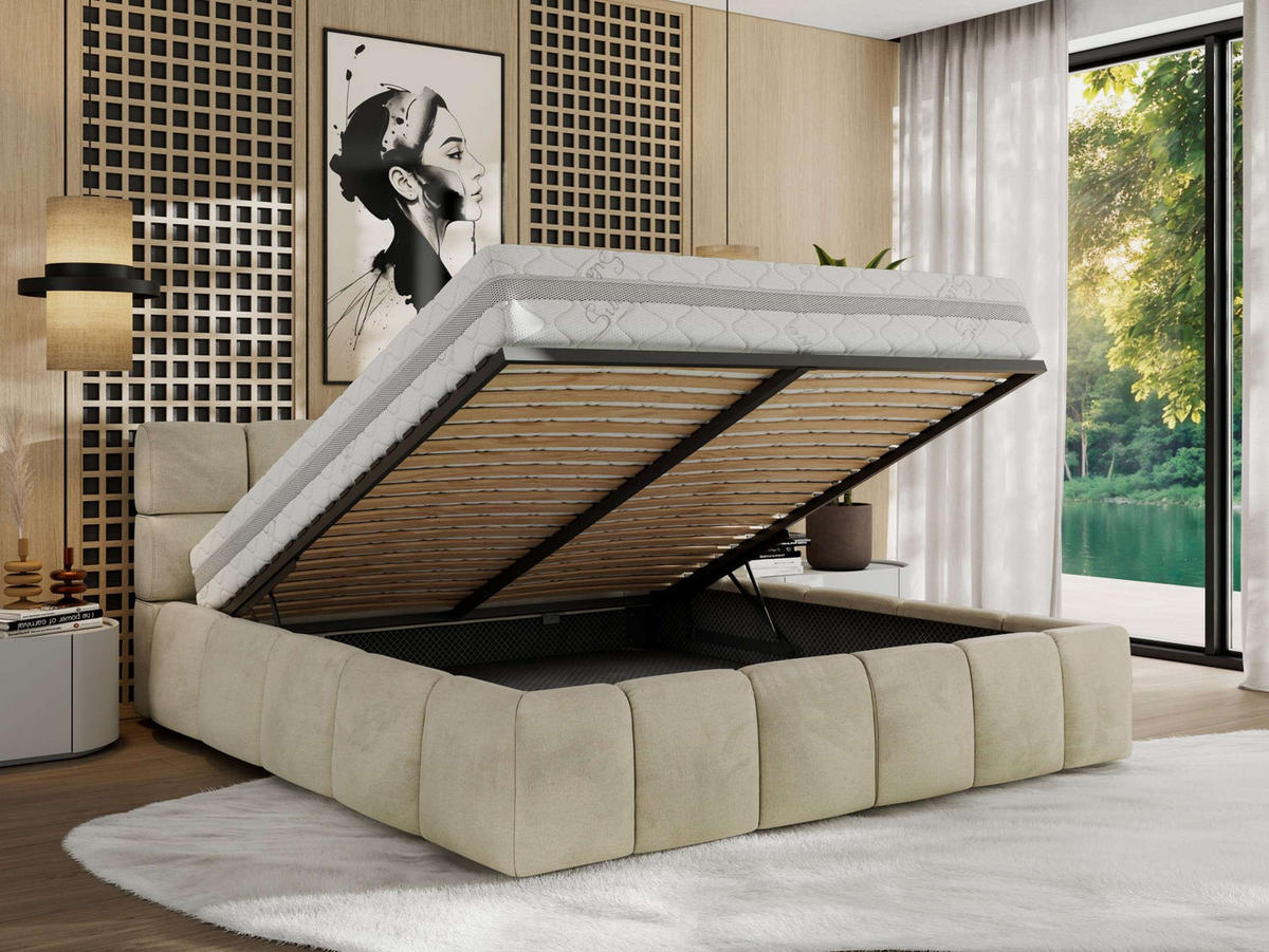 POLSTERBETT NIRA CLASSIC 140/200 - Beige Velvet - Pocket-Matratze - Beige, Textil (140/200cm) - MKS