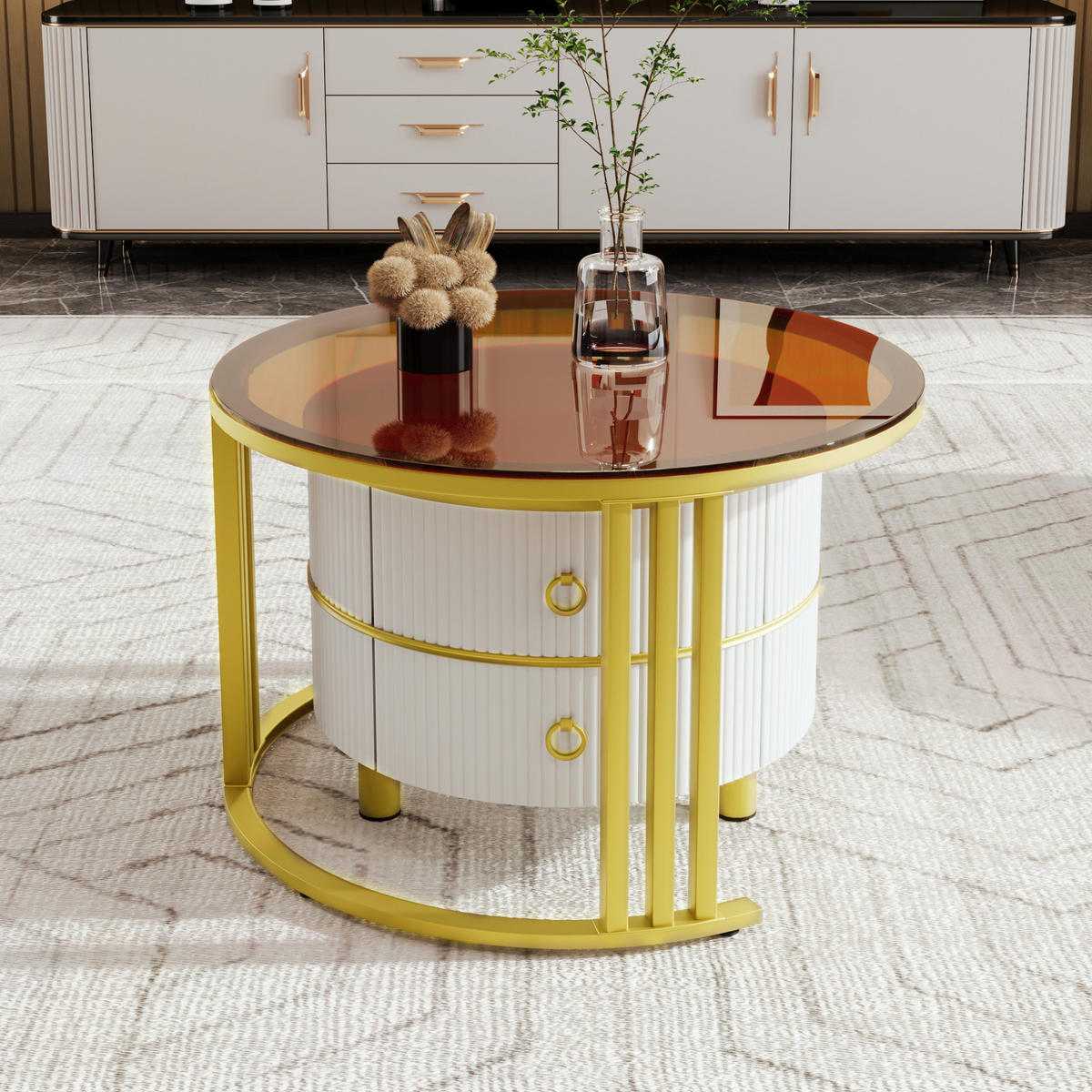 COUCHTISCH aus MDF und Glas 70x70x45 & 50x50x40 cm in Weiß mit 2 Schubladen - Weiß, Holzwerkstoff (70/70/45cm) - Modfu