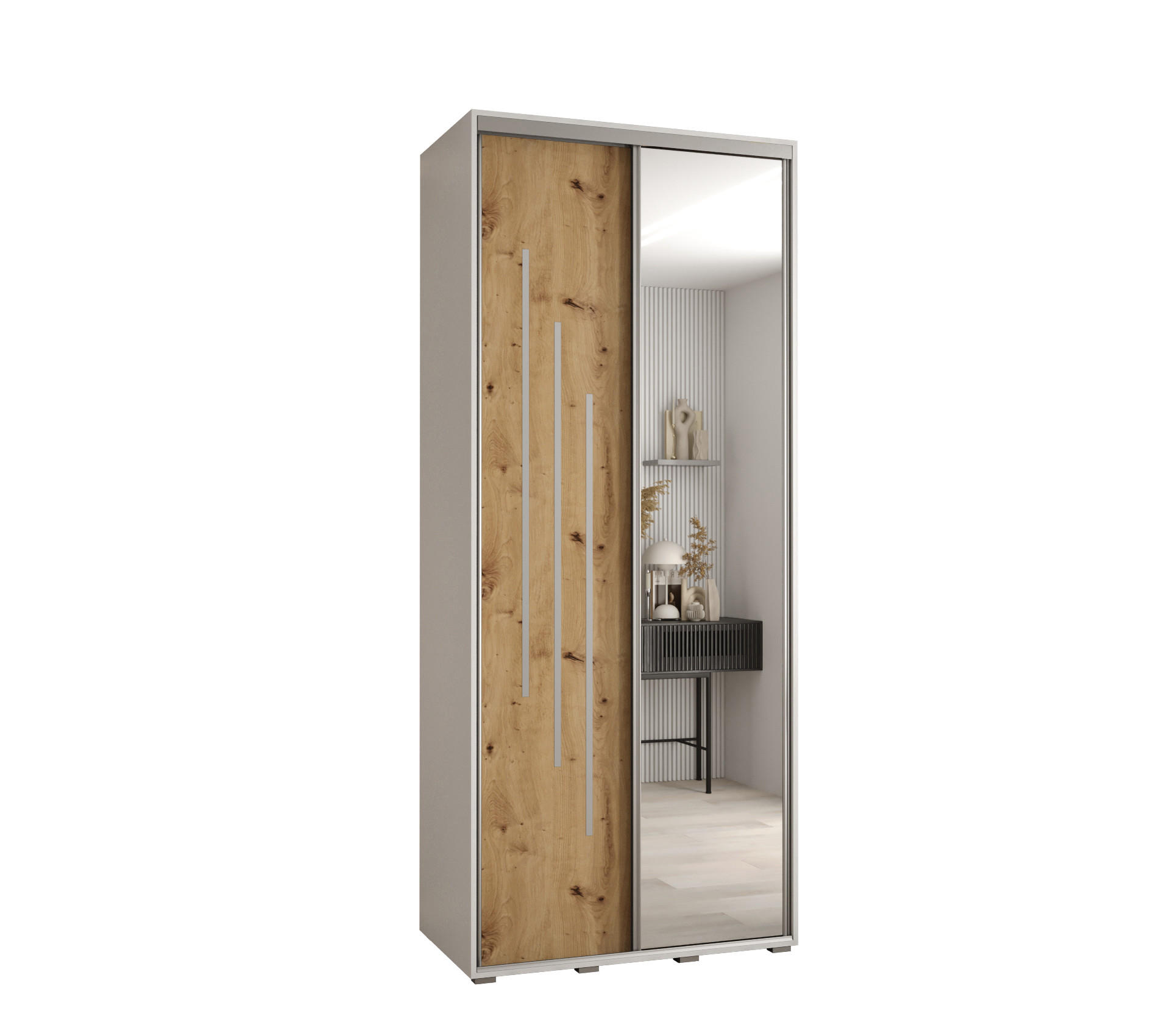 Abiks Möbel Schwebetürenschrank Weiß, Eiche Artisan, Silber 100x235x60 cm