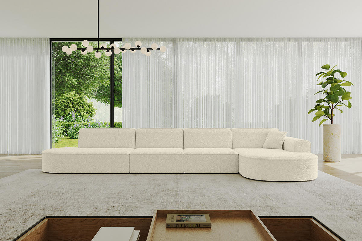 ECKSOFA Ottomane Rechts MARI-L3 - 402x163x73,5 cm Beige Bouclé - Beige/Schwarz, Holzwerkstoff/Kunststoff (402/163cm) - ALTDECOR