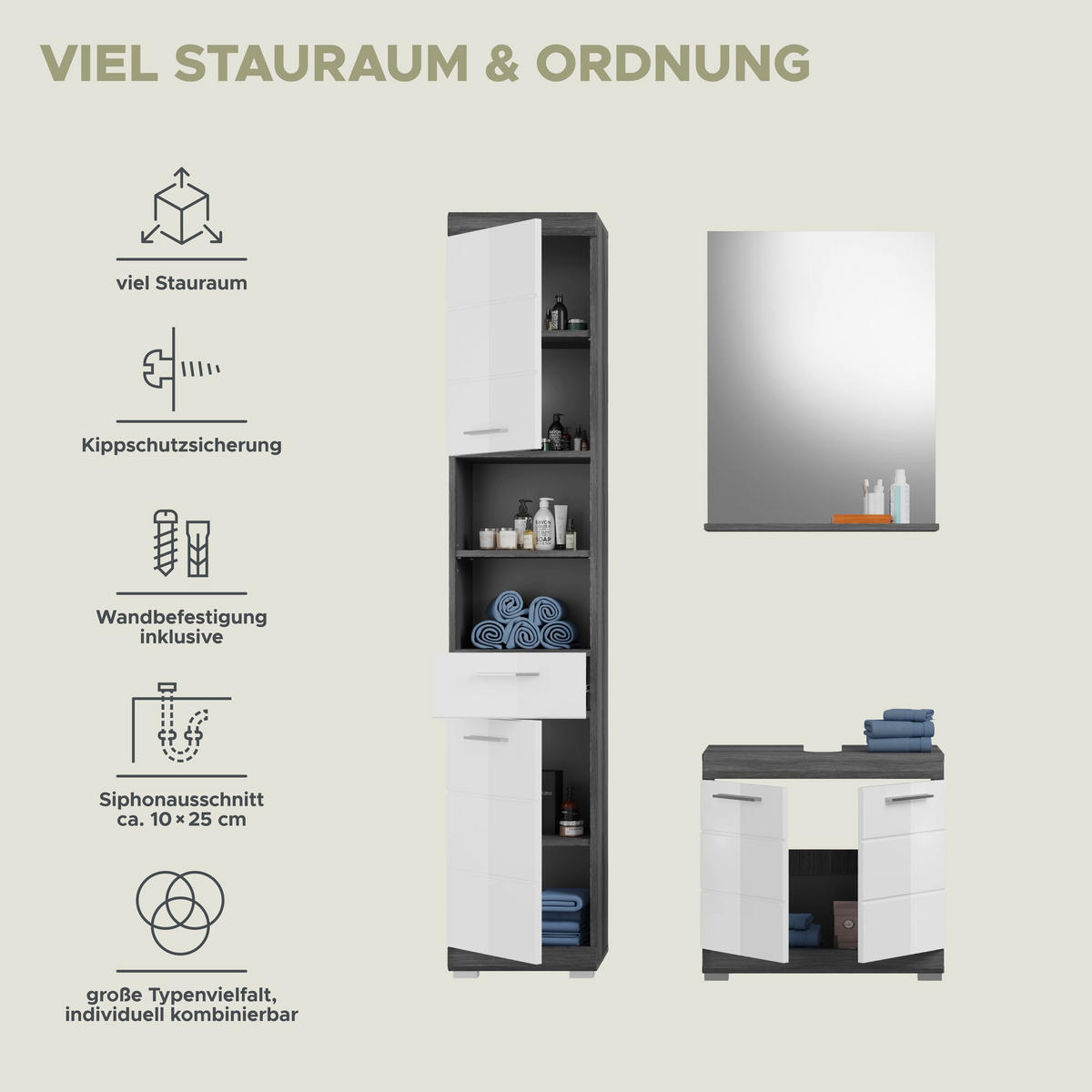 BADKOMBINATION 3tlg. Scout Bad in Rauchsilber Nachbildung und weiß hochglanz B/H/T: 112x191x34 cm - Anthrazit, Holz (112/191/34cm)