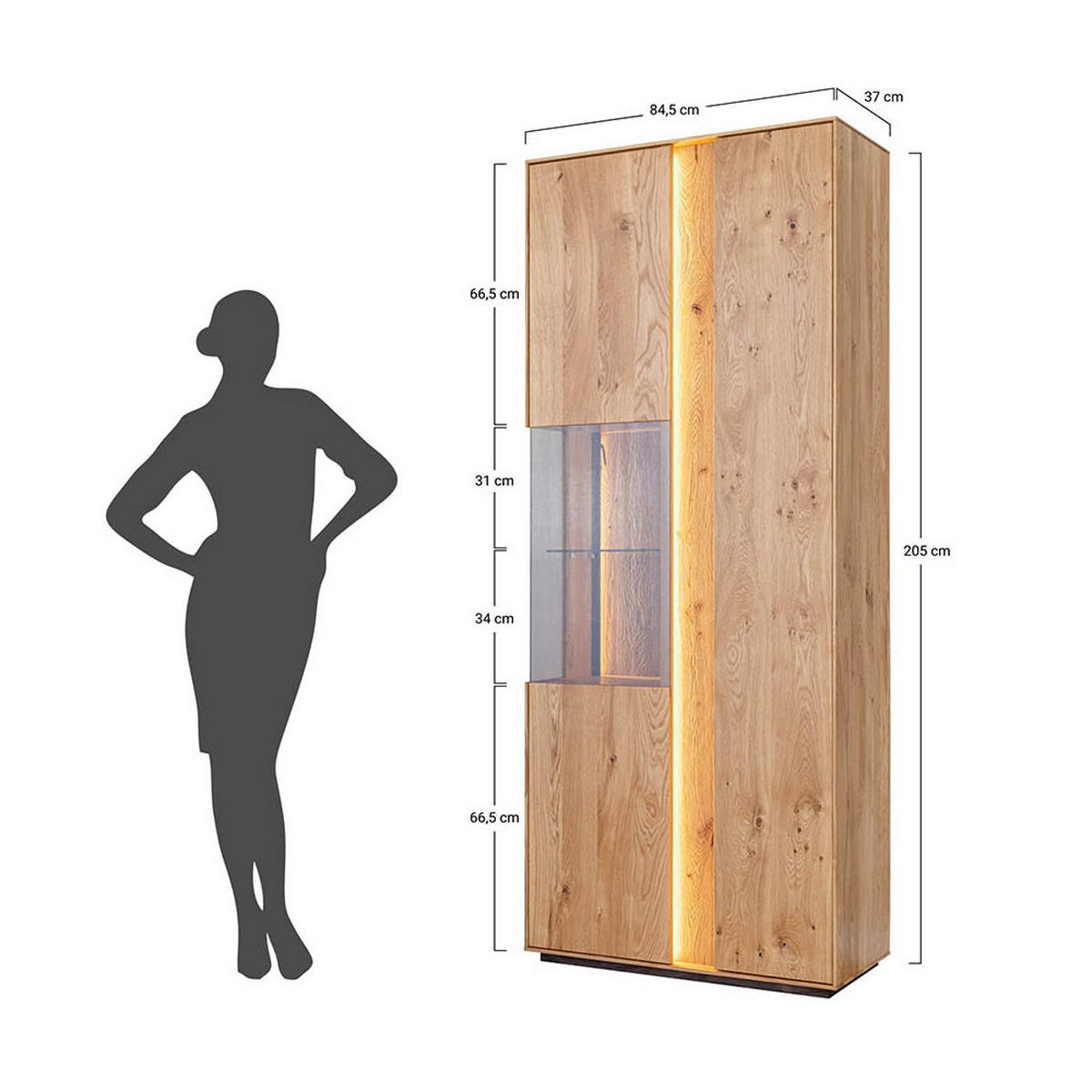 VITRINE Collodi Wildeiche Natur 84,5 / 37 / 205cm - Wildeiche, Holz (84.5/205/37cm) - Feldmann-Wohnen