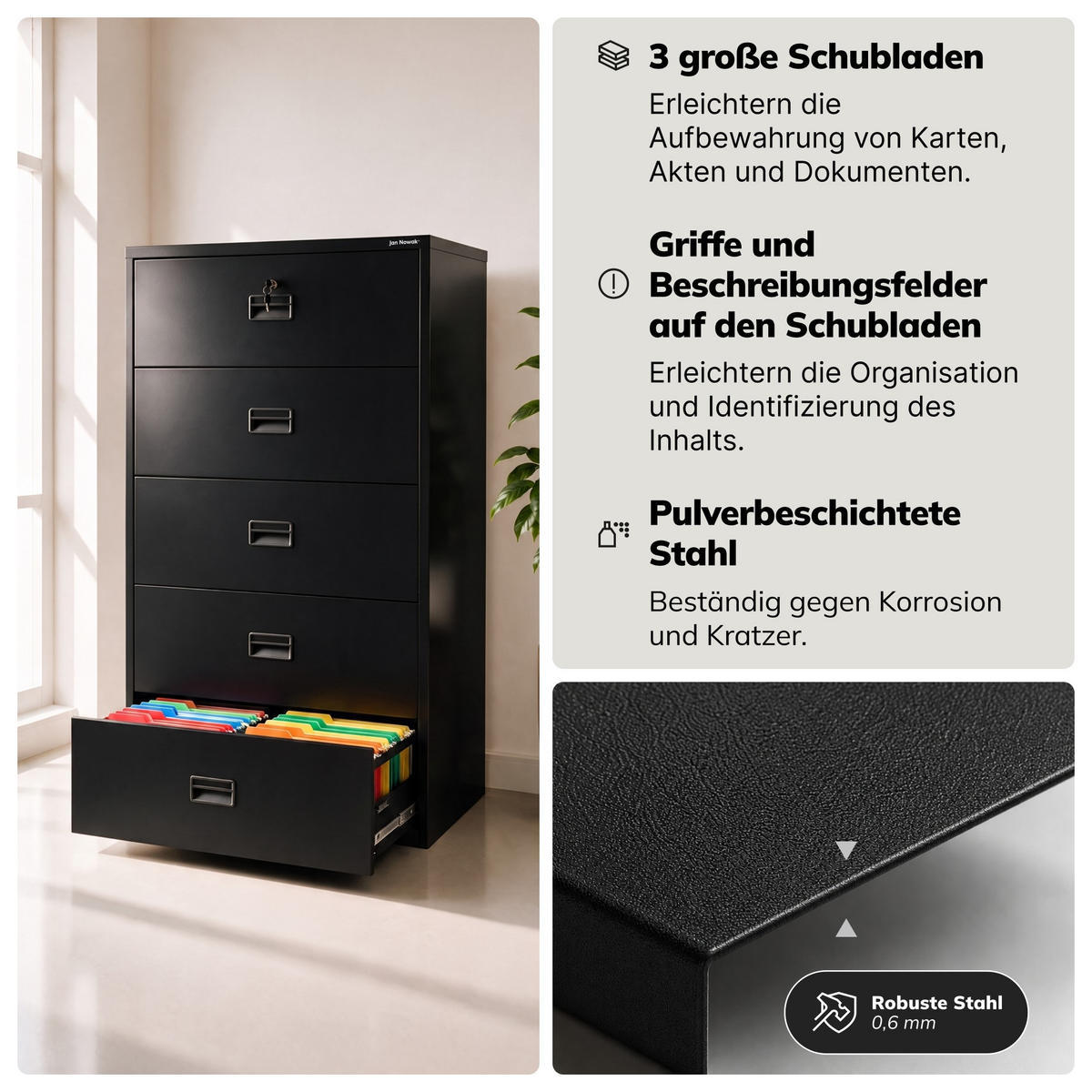 AKTENSCHRANK aus Metall SARA XL V5 162x90x60 cm - Schwarz, Metall (90/162/60cm) - Jan Nowak