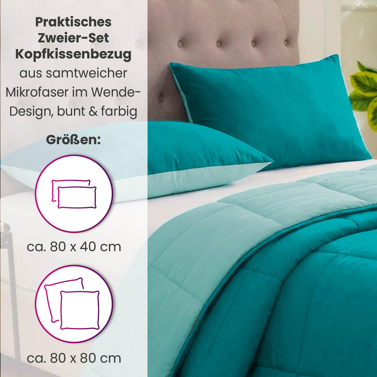 MICROFASER Kissenhüllen Bi-Color im Wende-Design 2er Set türkis 80x80 - Türkis, Textil (80/80cm) - wometo