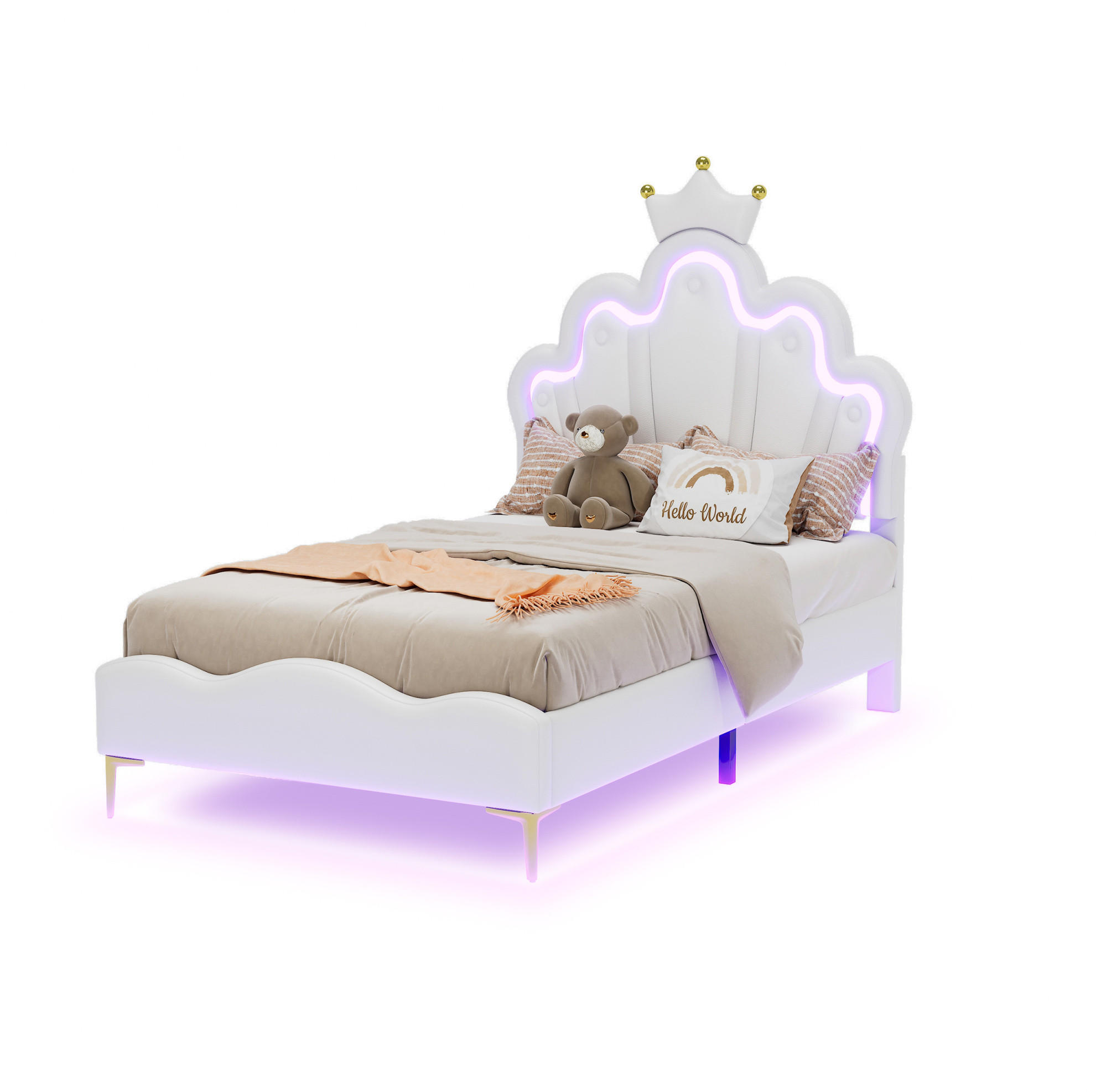 KINDERBETT 90/200 cm Weiß mit LED-Beleuchtung und krönenförmigem Kopfteil - Weiß, Kunststoff (90/200cm) - OKWISH