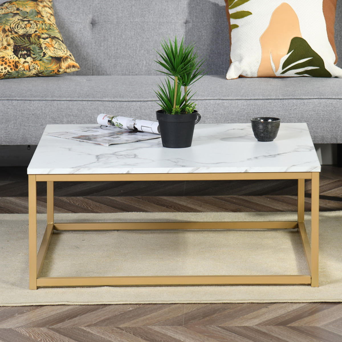 COUCHTISCH quadratisch Marmorimitation goldener Stahlrahmen - Schwarz/Weiß, Holz/Metall (80/80/34cm) - Urban Meuble