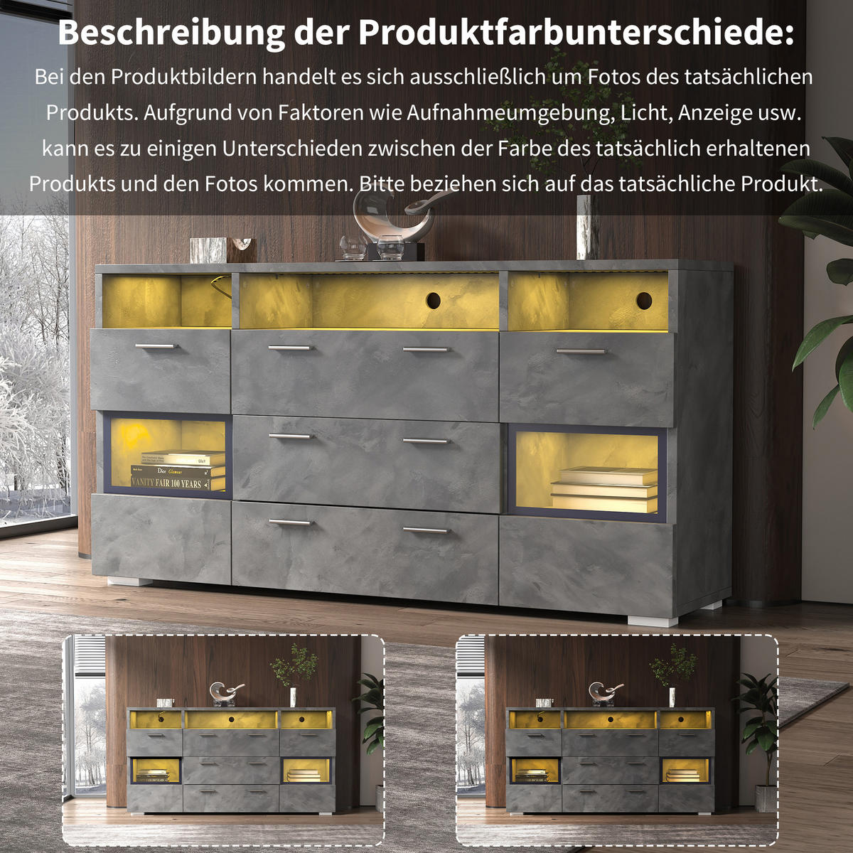 SIDEBOARD LED 2 Türen 3 Schubladen Grau 140cm - Grau, Holzwerkstoff (33.5/72.5/140cm) - FLIEKS