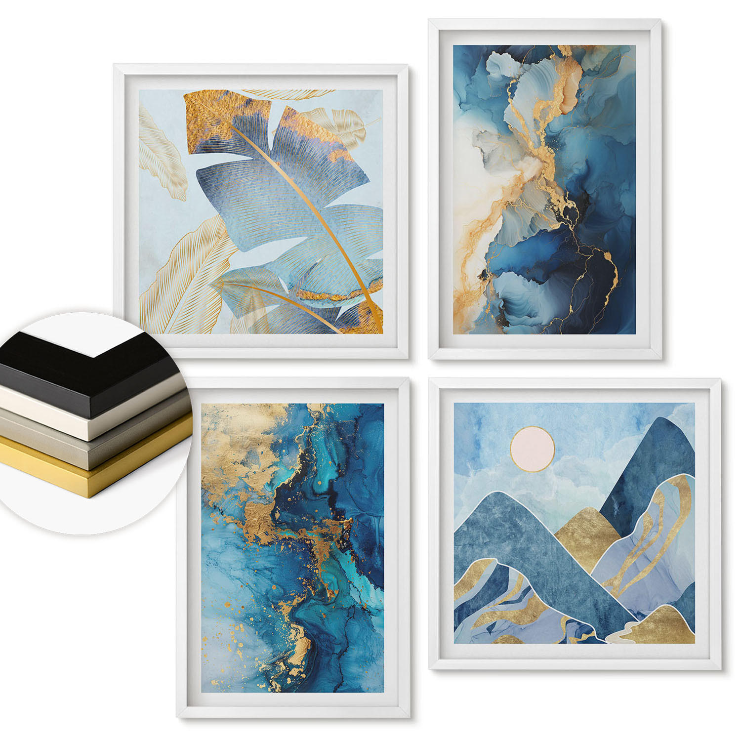 WANDBILDER 4er-Set - 50x50 cm & 40x60 cm Weißer Rahmen - Goldmuster in den blauen Bergen - Weiß, Kunststoff (50/50cm) - ArtPrintCave