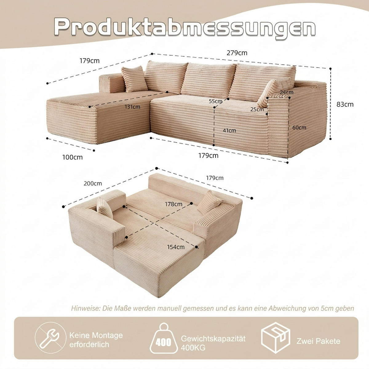 ECKSOFA 279/179/83 cm Beige Cord mit Chaiselongue - Beige, Textil (179/83/279cm) - Oxeza