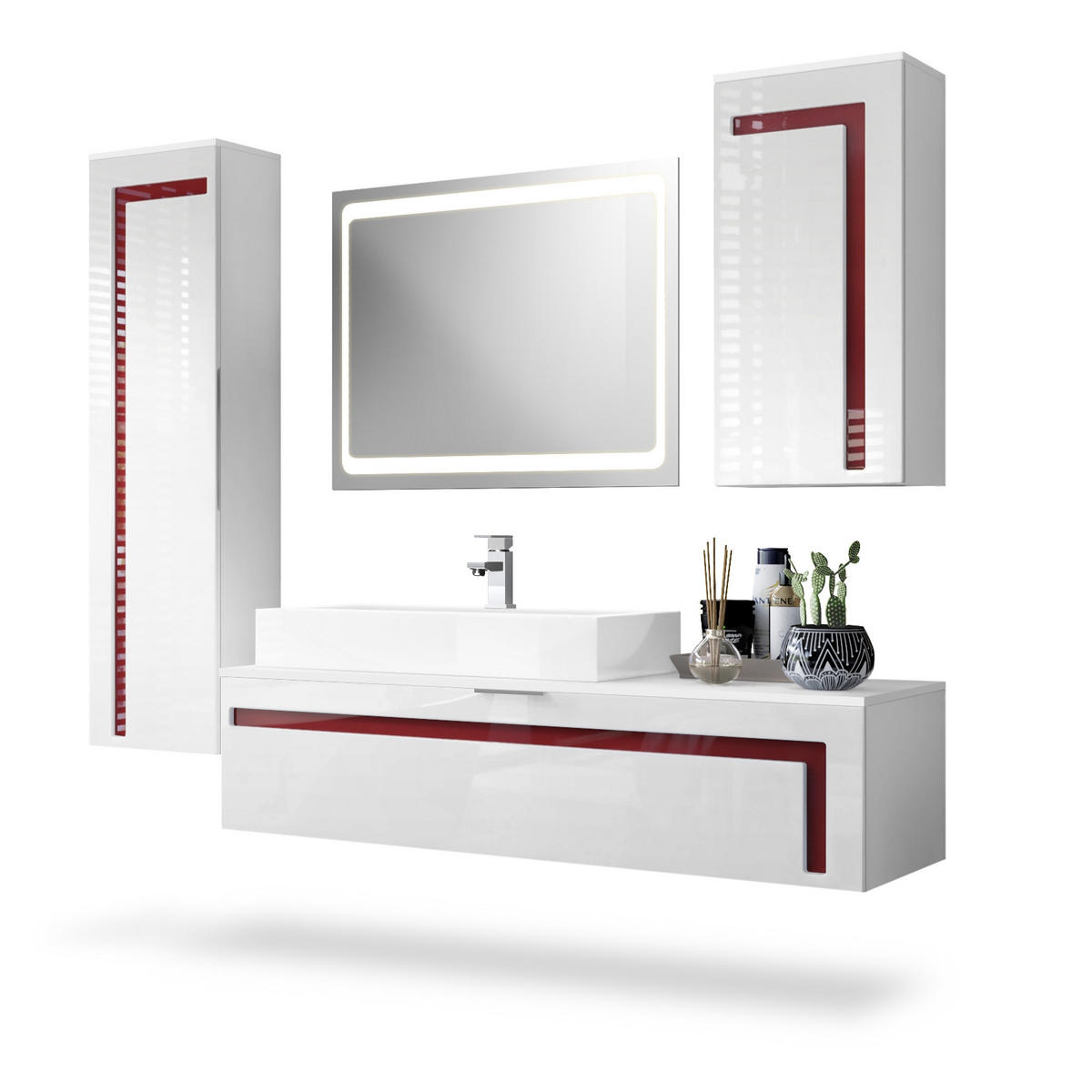 BADMÖBELSET Aloha Absetzungen in Bordeaux Hochglanz - Bordeaux, Holzwerkstoff (210/185/51cm) - Vladon