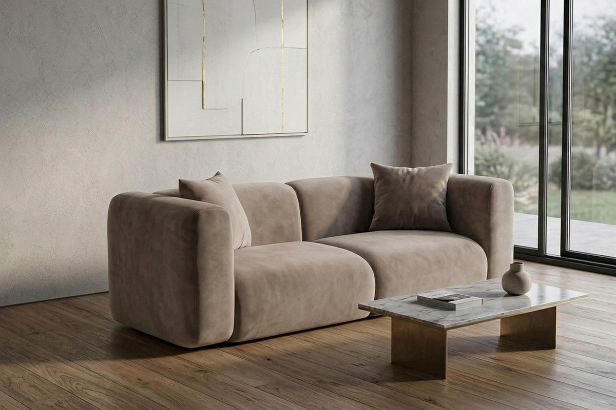 SOFA 2-Sitzer, Velvet-Stoff Bluvel, Latte, GRETA - Hellbraun, Holz (228/70/89cm) - Kaiser Möbel