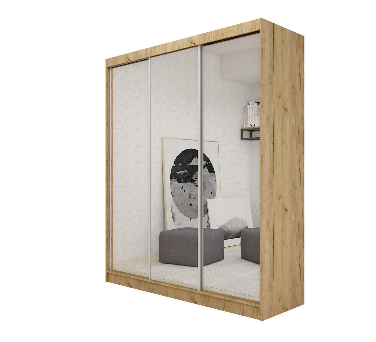 SCHWEBETÜRENSCHRANK BELLINA 180/216/61 cm 3-türig mit Spiegel Eiche Artisan - Eiche Artisan, Holzwerkstoff (180/216/61cm) - MASSENO