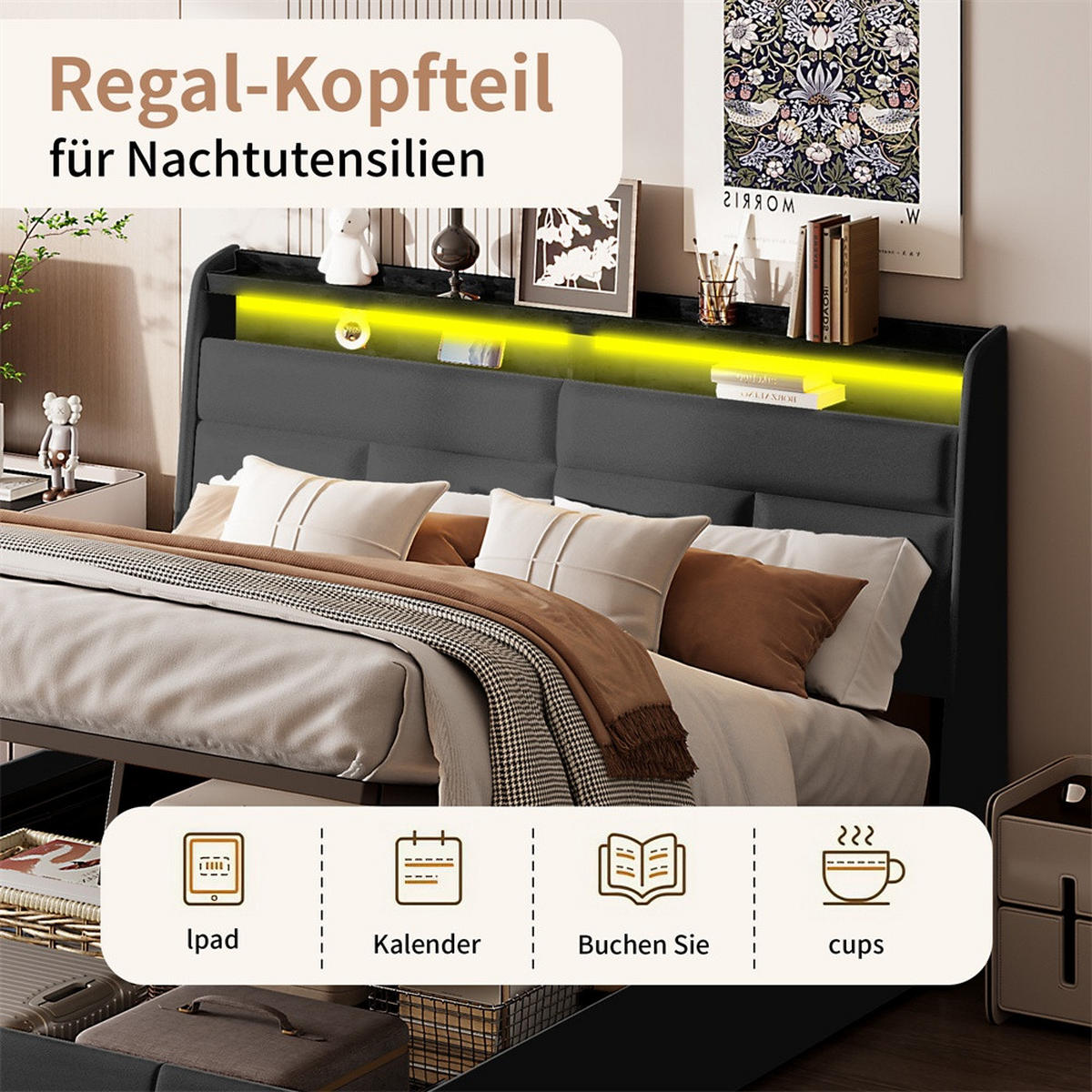 POLSTERBETT 140x200 cm mit LED-Beleuchtung an Kopf und Fußteil - hydraulischer Hebefunktion - ohne Matratze - Schwarz, Textil (140/200cm) - DELFA