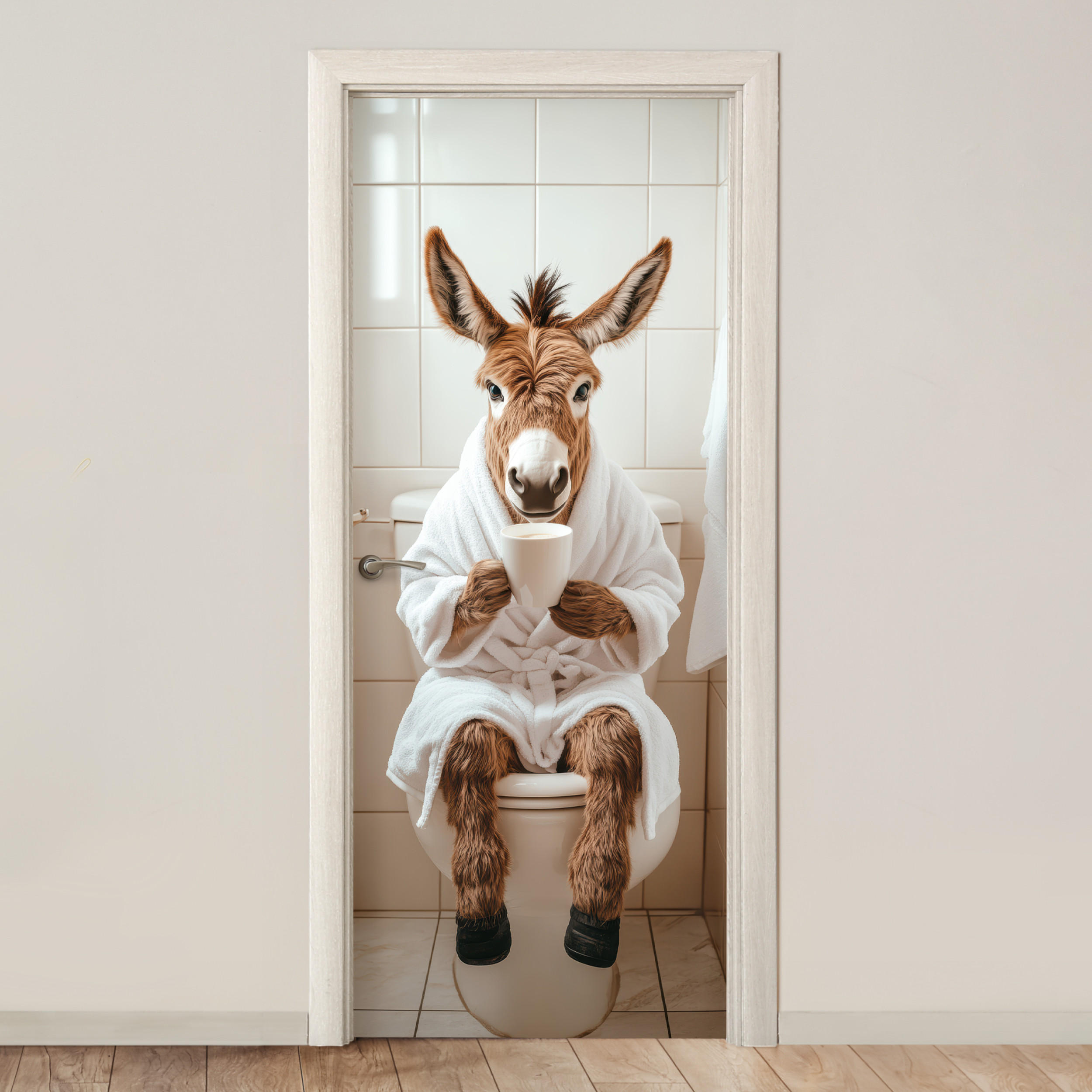 FOTOTAPETE Tür - Esel - WC - Lustig - Bademantel - Tier 95x235 cm - Beige, Kunststoff (95/0.1cm) - MuchoWow
