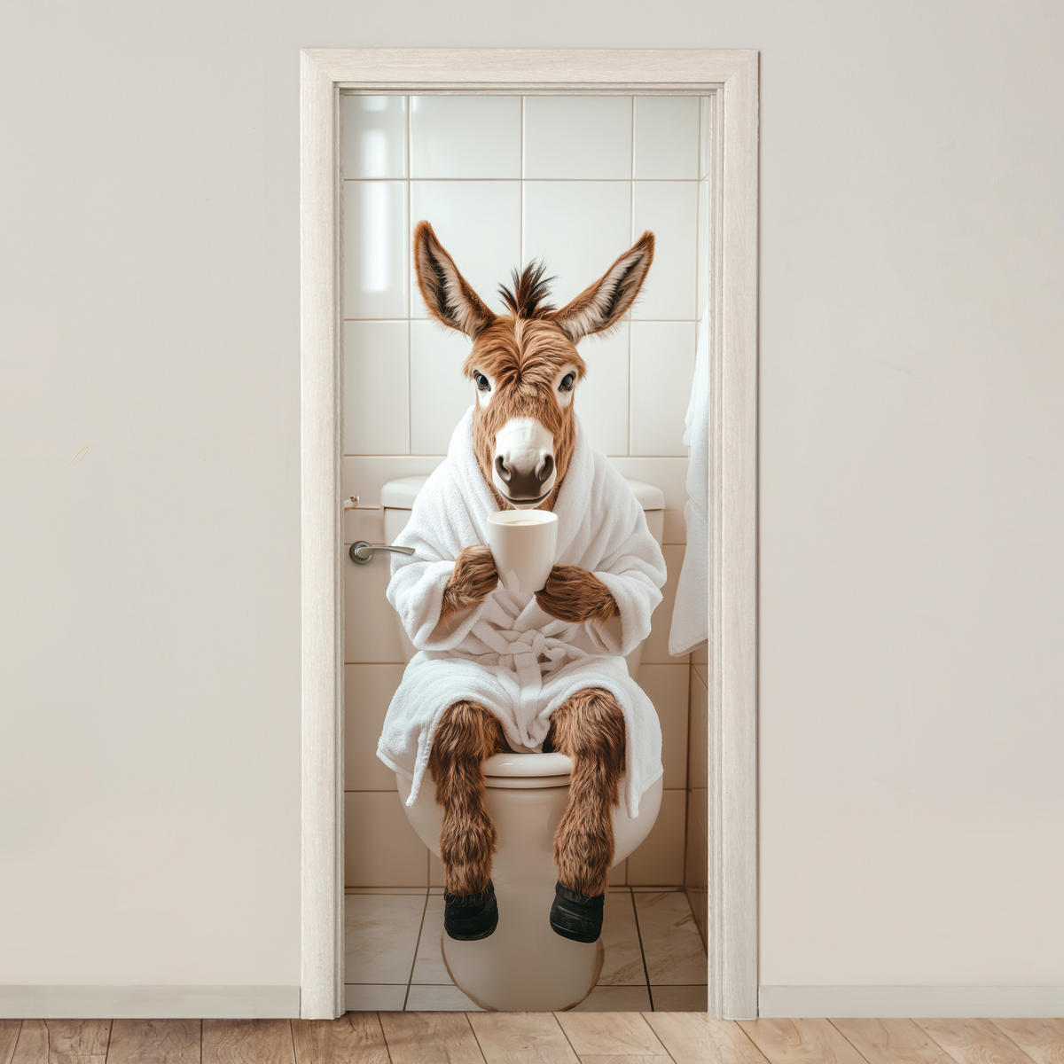 FOTOTAPETE Tür - Esel - WC - Lustig - Bademantel - Tier 75x205 cm - Beige, Kunststoff (75/0.1cm) - MuchoWow